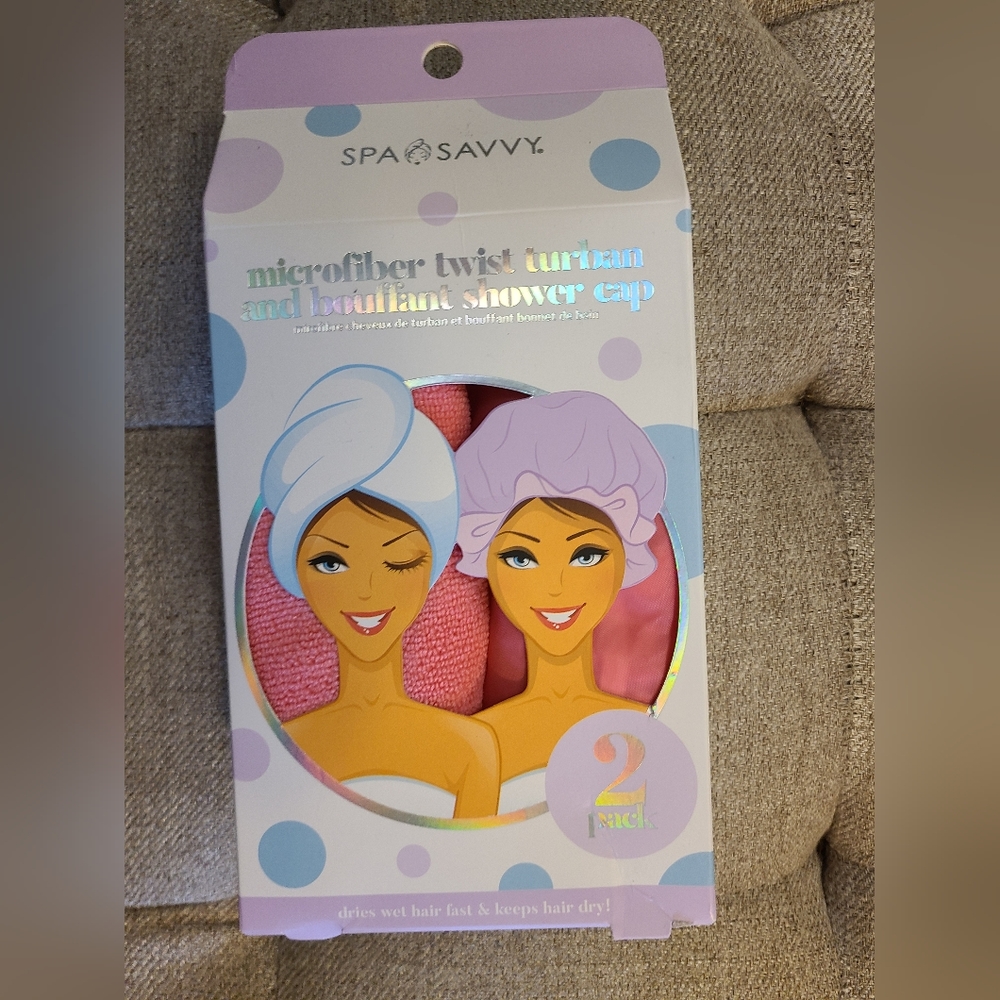 Spa Savvy microfiber twist turban and bouffant shower cap